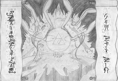 � droite de bas en haut: Farore, Nayru, Din; � gauche : Un Souhait pour sauver Hyrule