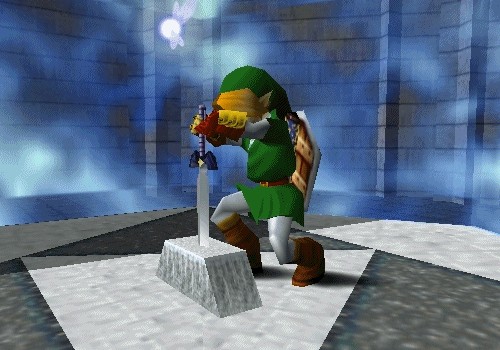 Link plante l'épée de légende dans son piédestal dans Ocarina of Time