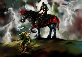 Link et Ganondorf sous l'orage dans Ocarina of Time